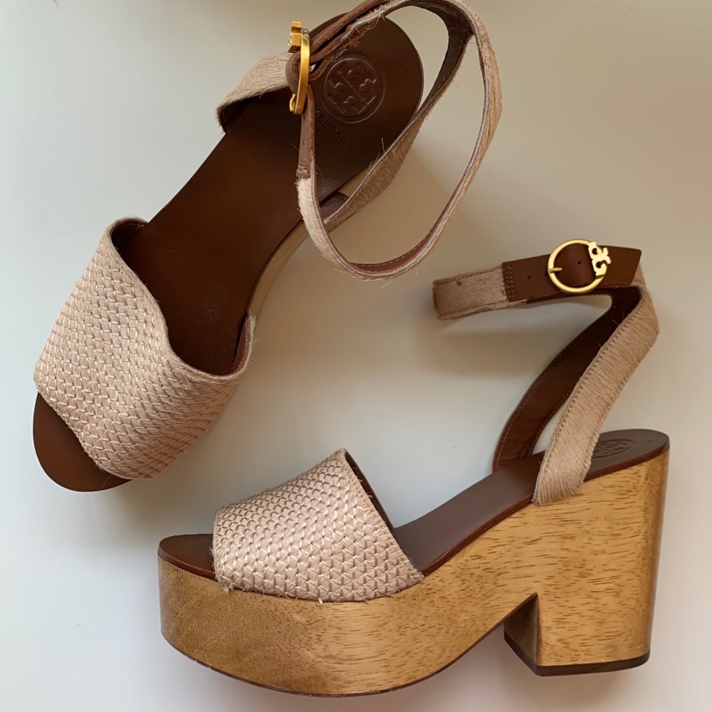 Tory Burch Wood Platform Clogs Ankle Strap Size 8